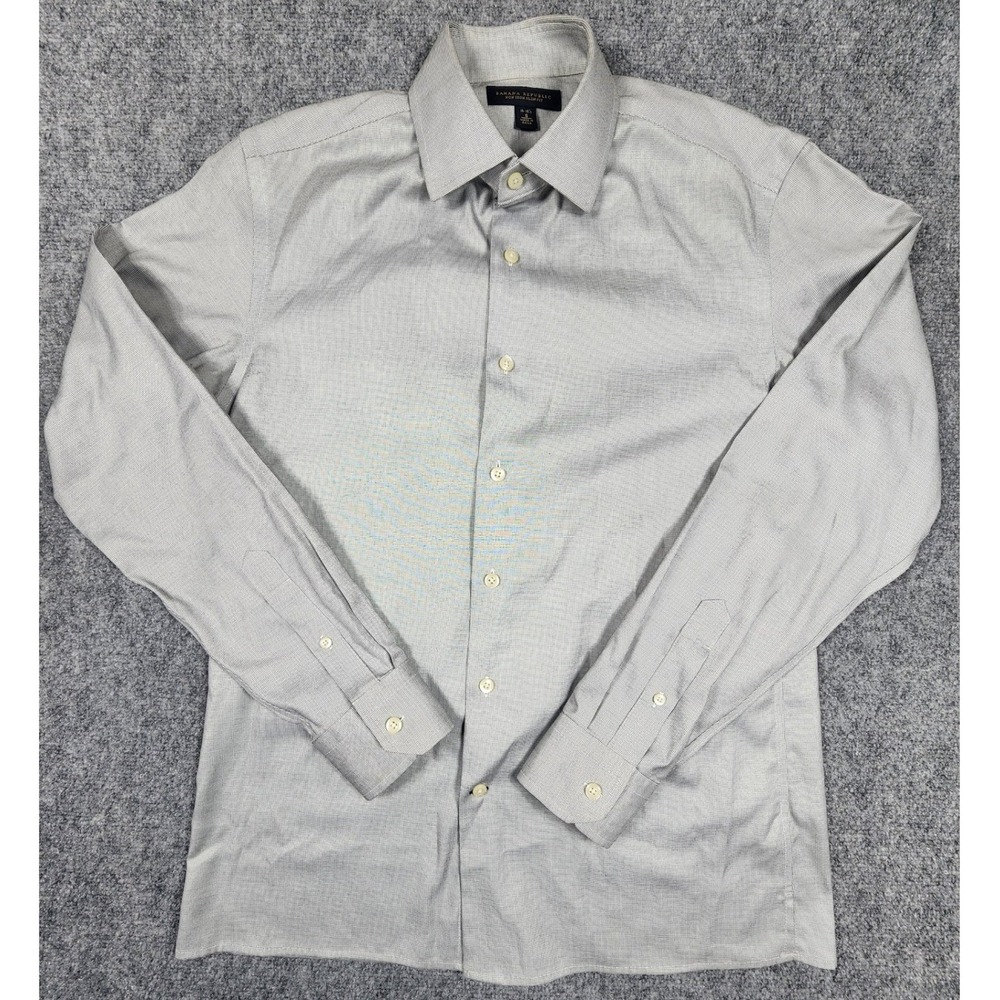 Banana Republic Mens Non Iron Slim Fit Dress Shirt Grey White Cotton Small